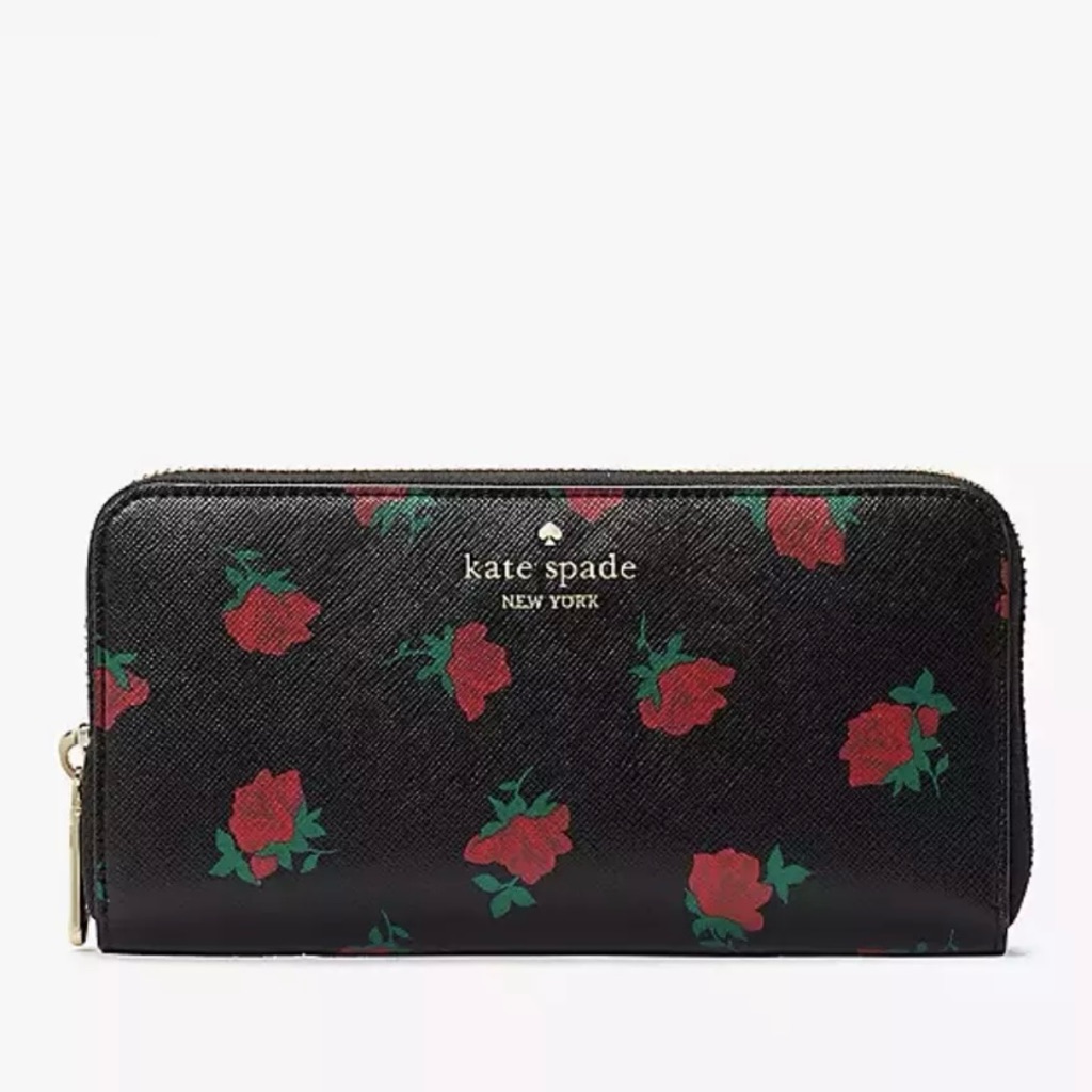 New Kate Spade Madison Rose Toss Printed Large Continental Wallet Black Multi